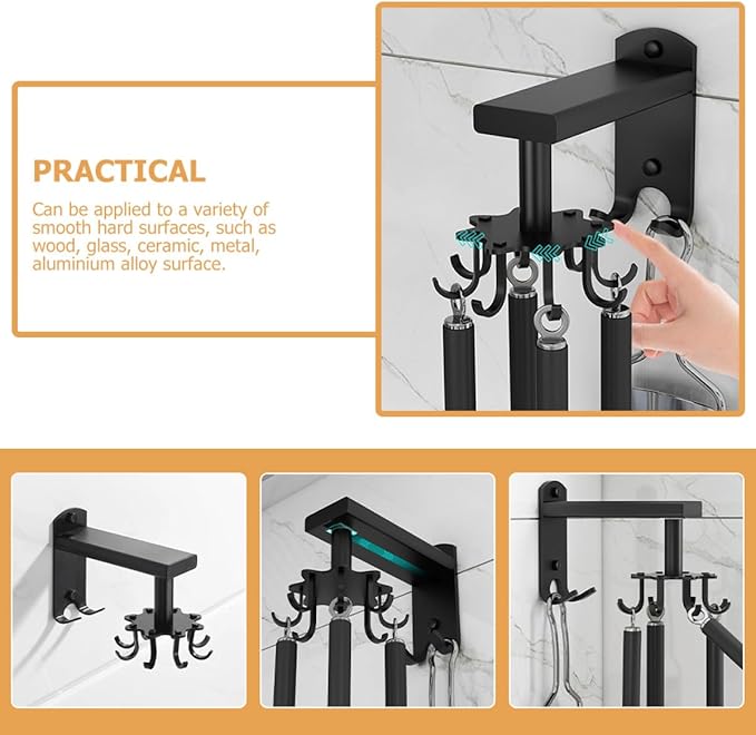 FRCOLOR Rotatable 8-Claw Kitchen Utensil Hooks Black Thickened Space Aluminum Alloy Swivel Wall Mount Organizer for Hanging Cooking Tools and Measuring Cups