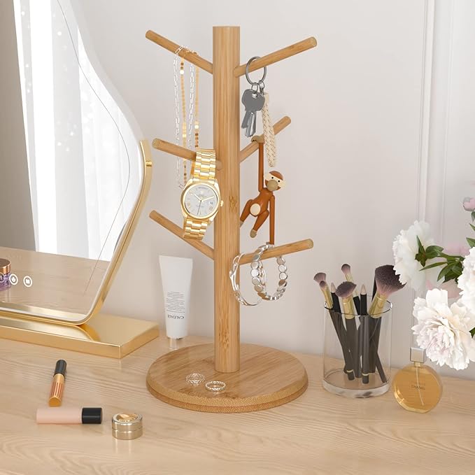 Wisuce Bamboo Mug Tree with Thicker Base - Countertop Coffee Cup Stand with 6 Hooks