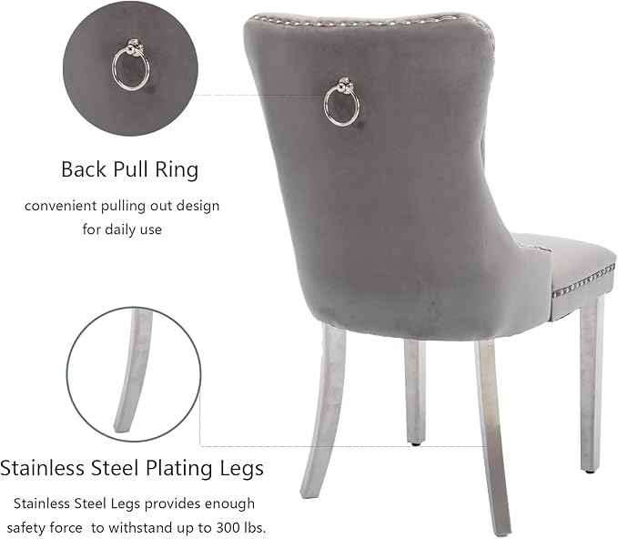 Velvet Dining Chairs Set of 6, Upholstered Dining Room Chairs with Back Ring Pull Trim and Sliver Stainless Steel Legs,Modern Kitchen Chairs Perfect for Dining Room,Kitchen(Grey)