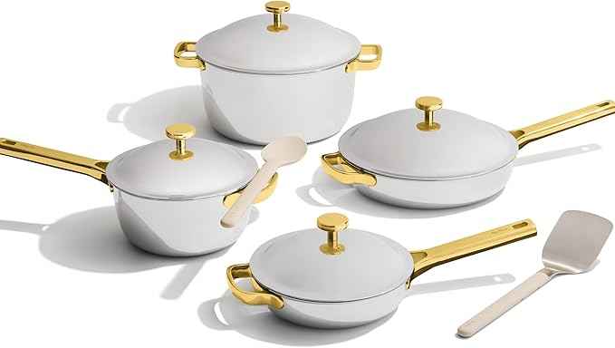 Our Place Titanium Pro Cookware Set | 10-Piece Pots and Pans Set with Always Pan Pro, Perfect Pot Pro & Minis | Non-Toxic No-Coating Nonstick | Induction & Oven-Safe up to 750°F | Gold