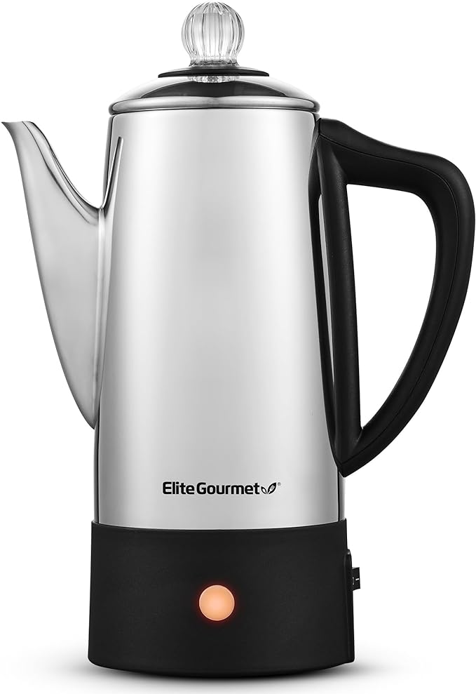 Elite Gourmet 6-Cup Electric Coffee Percolator – Stainless Steel, Fast Brewing, Keep Warm with Auto Shut-Off, Clear Brew Progress Knob, Cordless Serving Base, Reusable Filter, 1000W