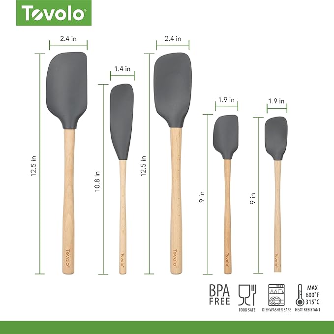 Tovolo Silicone Spatula with Wooden Handle Set of 5 Piece Silicone Kitchen Utensil Set Spoonula Jar Scraper Mini Spatula and Spoonula for Cooking Baking Mixing Folding Charcoal Gray