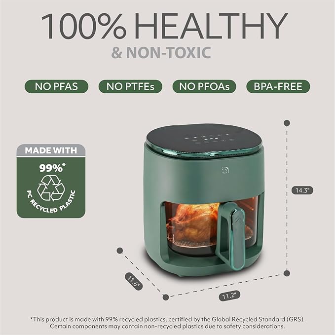 WILLOW Eco Series 6 in 1 Air Fryer with Glass Basket, 5 Quart Non Toxic Air Fryer w Digital Display, 430°F Max Temp, Preheat & Keep Warm Function, Compact + Dishwasher Safe Glass Airfryer - GREEN