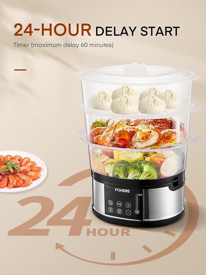 FOHERE Food Steamer for Cooking,13.7QT Vegetable Steamer with Stackable 3 Tiers BPA-Free Baskets,800W Electric Steamer Pot 60-Minute Timer, 24H Delay Start Timer for Veggies Seafood Rice