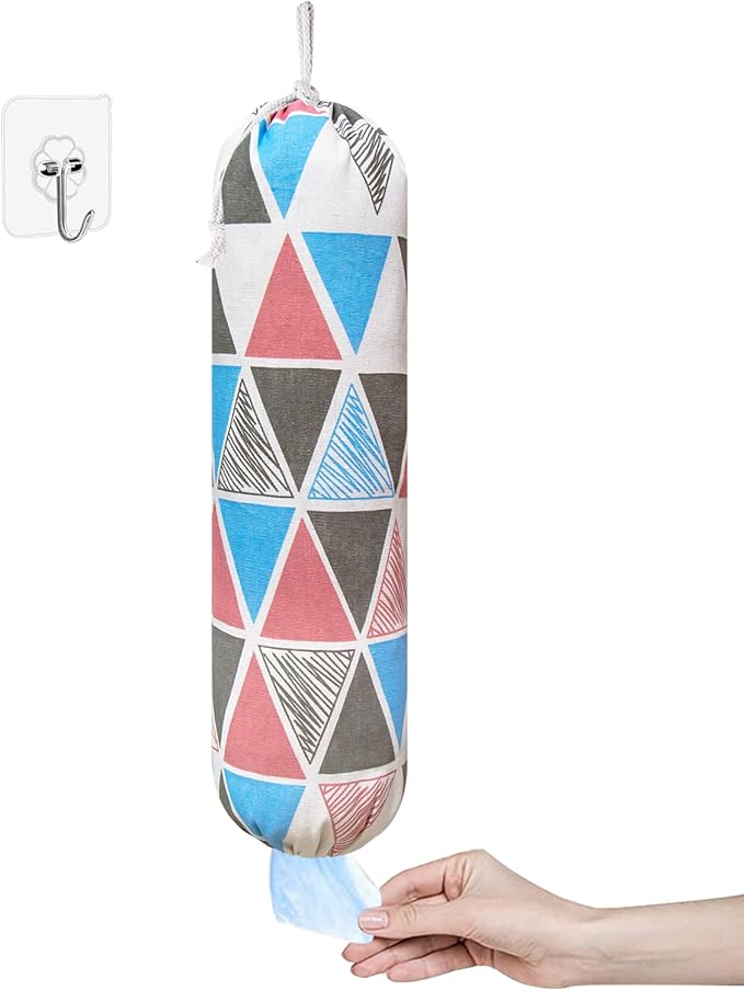 Plastic Bag Holder, Wall Mount Plastic Bag Organizer, Shopping Bags Carrier, Washable Large Grocery Bag Storage Dispenser for Home Kitchen Travelling, Free Adjustment with Drawstring (pink triangle)
