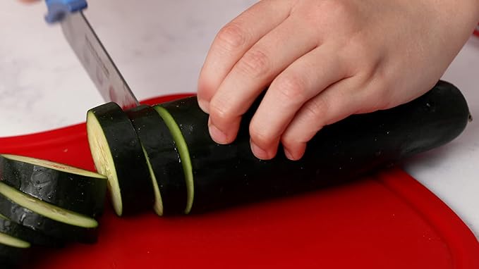 My First Chef's Knife for Kids - NEW! CARNATION/TEAL - w/Protective Safety Sheath - German Stainless Steel - Curved Finger Shield/Childrens Cooking Baking