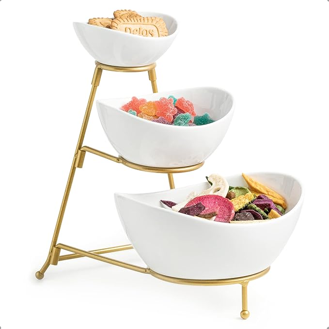 Miamolo 3 Tier Serving Bowls with Stand, Chips and Dip Serving Dishes Set for Entertaining Party, Ceramic Fruit Bowl for Salad Soup Snacks, Microwave & Dishwasher Safe