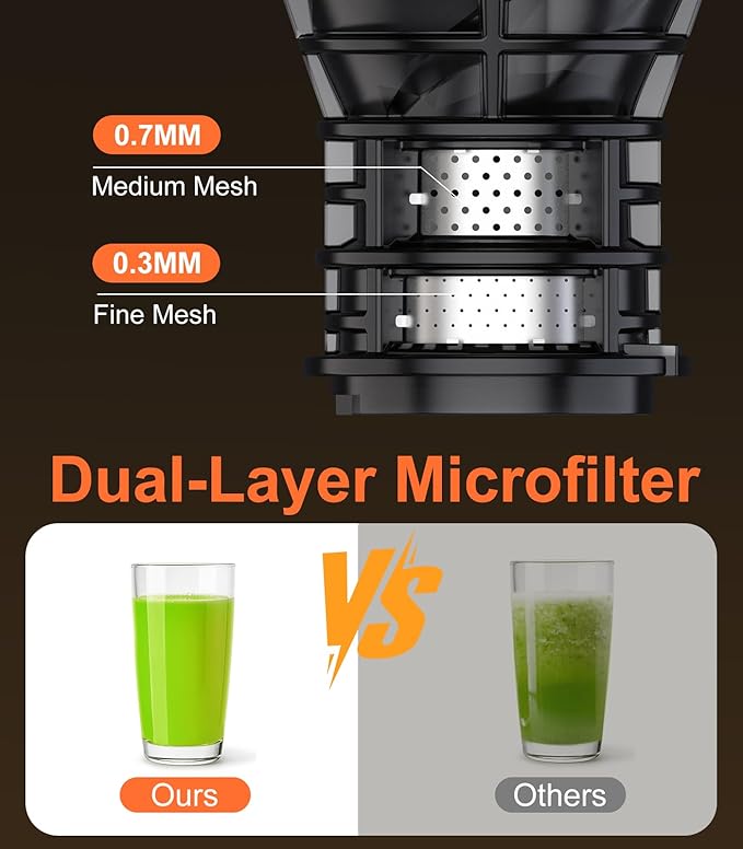 Juicer Machines, 5.3" Large Feed Chute Cold Press Juicer with Double Press Technology, 400W Motor, High Juice Yield, Easy to Clean, Masticating Juicer for Whole Vegetables & Fruits, Dark Black