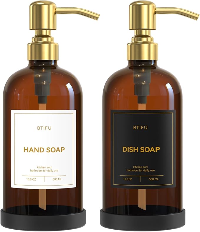 Kitchen Soap Dispenser Set – 16.8oz/500ml Glass Hand and Dish Soap Dispenser with Stainless Steel Pumps & Non-Slip Silicone Base, Luxury Countertop Decor for Home, Airbnb, Office (Amber & Gold)