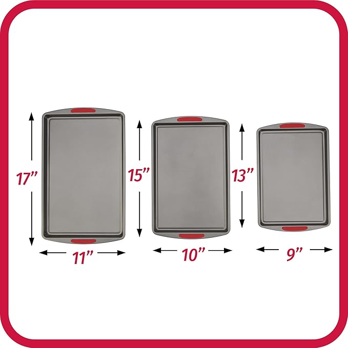 GoodCook MegaGrip Set of 3 Nonstick Steel Multipurpose Cookie Sheets with Silicone Grip Handles, Gray