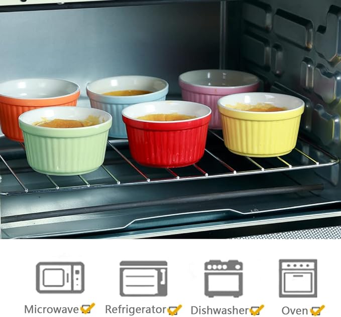 Ramekins 6oz Oven Safe,Creme Brulee Ramekin and Souffle Dishes,Porcelain Baking Bowls,Dipping Sauce Dish.Pudding Cups,Set of 6, White