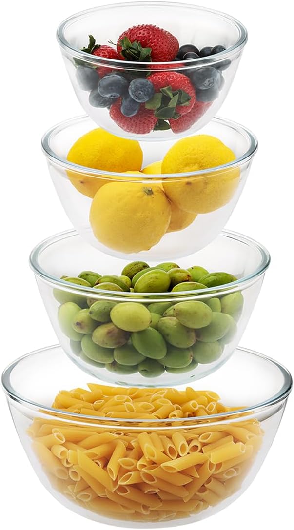 Cuiselect 4pc Glass Mixing Bowls Sets (2.80QT, 1.64QT, 1.16QT, 0.85QT), Nesting Mixing Bowls for Cooking Prep, Baking, Storage, Large Salad Bowls Sets-Dishwasher Microwave Freezer Safe