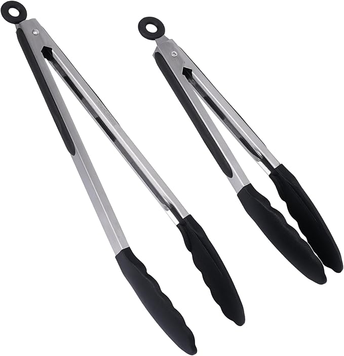 Silicone Kitchen Tongs for Cooking - 9+12 Inch Heat-Resistant Stainless Steel Cooking Tongs with Non-Slip Handle, Non-Scratch Tips for, BBQ, Salad & Air Fryer - 2-PieceRedSet