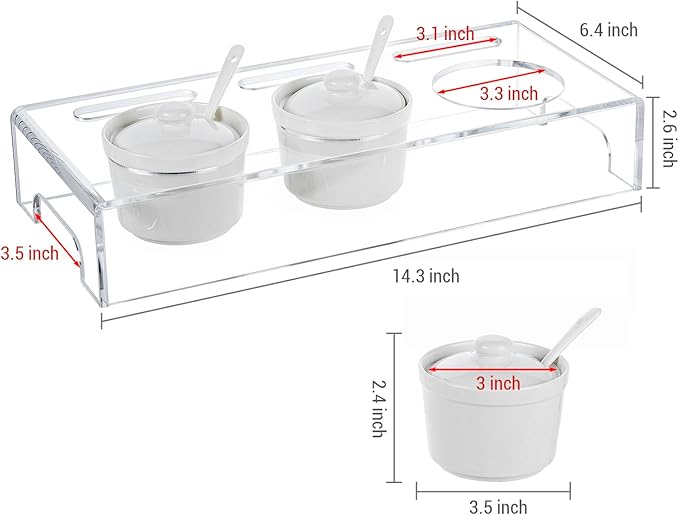 MyGift 10 Pcs Condiment Pot Serving Dishes Set, Clear Acrylic Server Tray and 3 Ceramic Ramekin Bowls with Lids and Spoons for Sauces, Dips, Hosting Essentials for Party