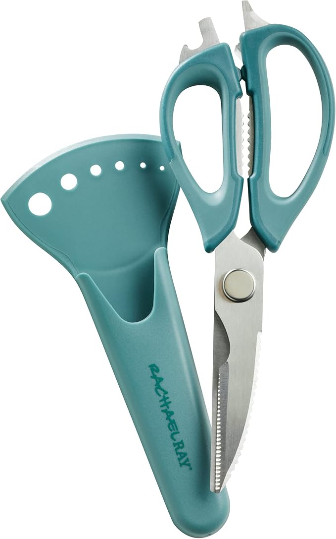 Rachael Ray Professional Multi Shear Kitchen Scissors with Herb Stripper and Sheath, 2 Piece, Agave Blue
