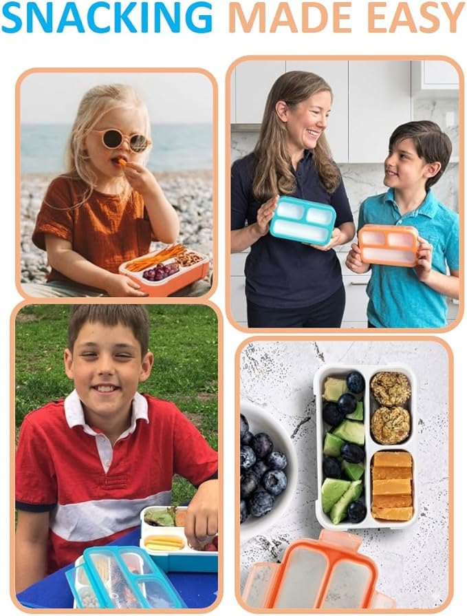 Small Snack Containers for Kids Toddlers - 3 Compartments (Set of 2) - Leak-Proof Reusable Boxes with Lids -BPA-Free Plastic Mini Bento Lunch Box - Ideal for School, Daycare, Holds 2 Cups (Coral+Blue)