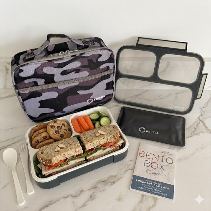 kinsho Camo Lunch Boxes for Boys Teens Adults - Bento Box Set with Insulated Bag and Ice Pack, 3 Compartment Leak Proof Food Container, BPA-Free, Microwave Safe, Ideal for School & Work, Black Gray