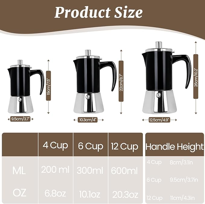 12 Cup Thickened Moka Pot 304 Stainless Steel 600ml Italian Espresso Coffee Maker Stovetop CoffeeMakers Mocha Pot Percolator for Induction Stove Classic Cafe Makers Portable for Easy Brewing