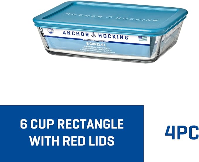 Anchor Hocking SnugFitTM Rectangular Food Storage Containers with Lids (4-Piece, 6-cup, Teal, oven-safe)