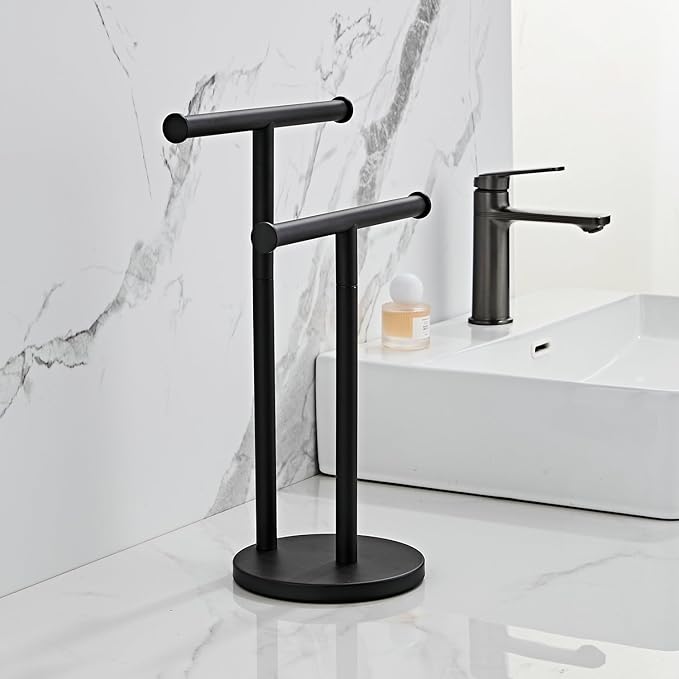 Black Hand Towel Holder Stand, Double T-Shape Hand Towel Stand Towel Rack Towel Bar for Bathroom Countertop, SUS304 Stainless Steel SHUNLI