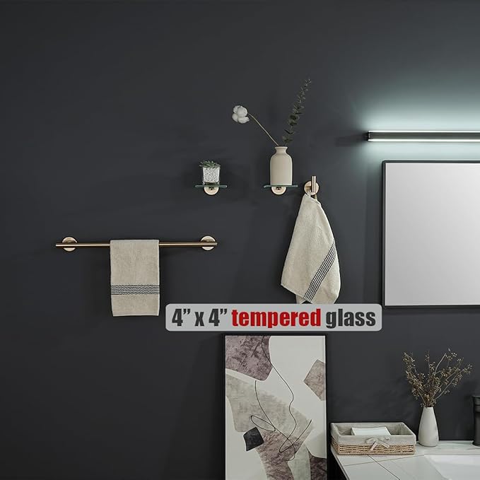 JQK Small Floating Glass Shelves Champagne Bronze, 4 Inch Display Ledges for Wall, Mini Decor, Living Room Bedroom Bathroom, Tempered Glass Shower Storage, 2 Pack, TGS101L4-CB-P2