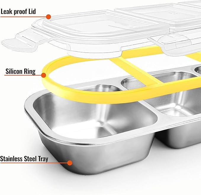 Stainless Steel Snackle Box Container,Reusable Bento Box for Kids & Adults,Leak-Proof Snack Containers with Lids, Perfect for Lunchables, Snack Pack Containers(3 Compartments Yellow)