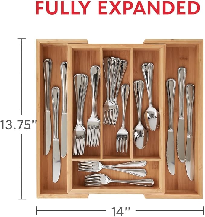 HIC Kitchen Expandable 6-Slot Silverware Cutlery Utensil Storage Tray, Natural Bamboo, Opens to 14-Inches