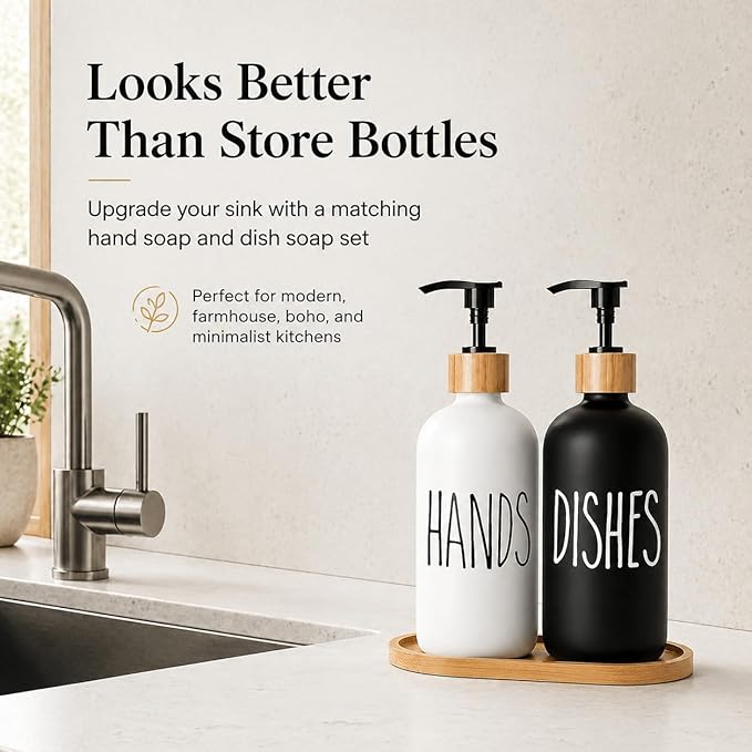Dish Soap Dispenser for Kitchen Sink.Glass Hand Soap Dispenser, Modern Farmhouse Decor for Bathroom,Kitchen Sink Decor