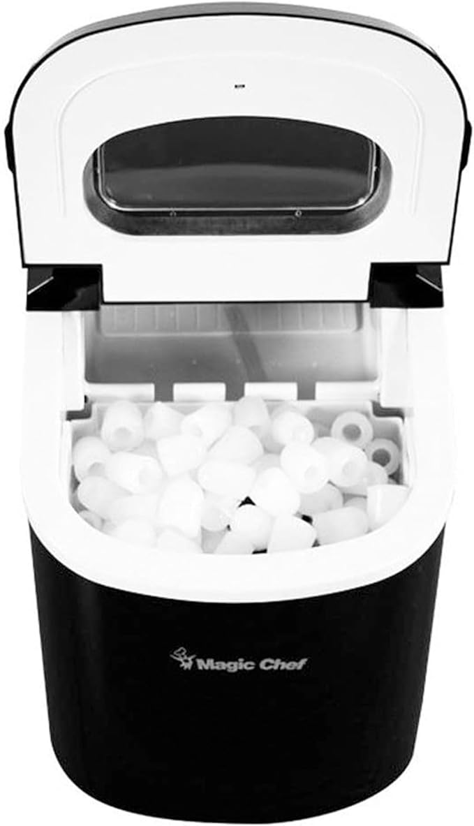 Magic Chef 27-Lb. Portable Ice Maker in Black, Tabletop Ice Maker for Kitchen, Apartment, Dorm, and Basement with Viewing Window, 2 Ice Cube Sizes, and Ice & Water Level Indicator Lights