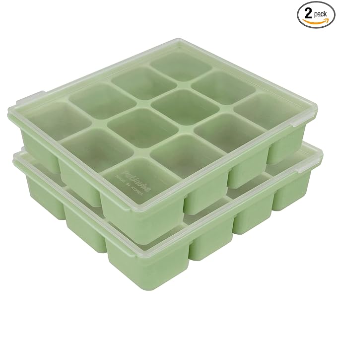 Baby Food Storage Silicone Cubes with Clip-On Lid Freezer Tray Baby Food Soups Purees Ice Safe Design Made in Korea (12cubes 1.5oz, Celadon Green Set of 2)