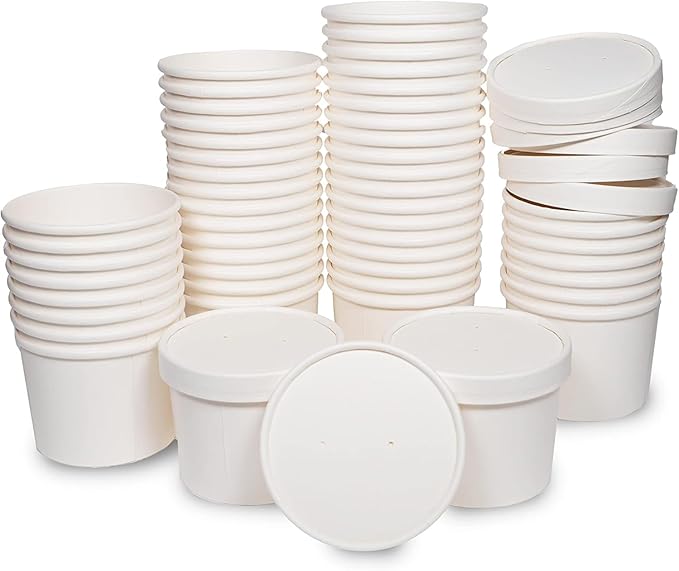 [250 Sets White Paper Food Containers With Vented Lids, To Go Hot Soup Bowls, Disposable Ice Cream Cups (8oz)