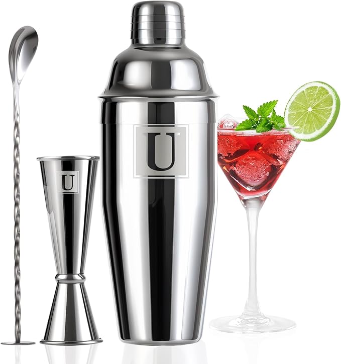 24oz Cocktail Shaker Set with 1 oz 2oz Jigger - Monogramm Initials Martini Shaker Set - 304 Stainless Steel Bar Shaker for Margarita,Mojito-Personalized Gift for Friend,Husband-U