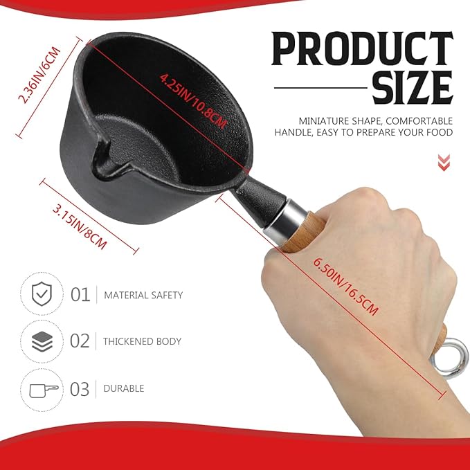 Cast Iron Pot, Egg Frying Pan Butter Warme Iron Oil Heating Pot with Wooden Handle for Kitchens Cooking, 4.3x10.8 Inch
