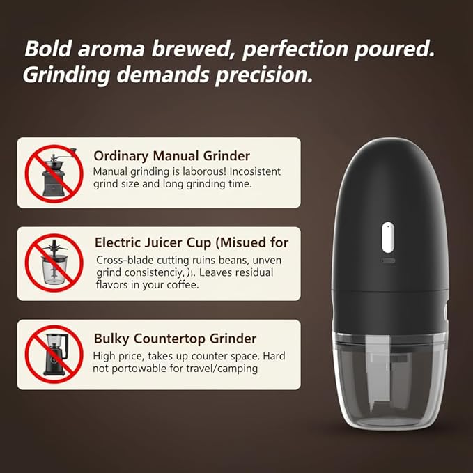 Electric Coffee Grinder, Conical Burr, Adjustable Grind Settings | Portable USB-C Rechargeable, for Espresso, French Press, Cold Brew, Travel & Home, Black