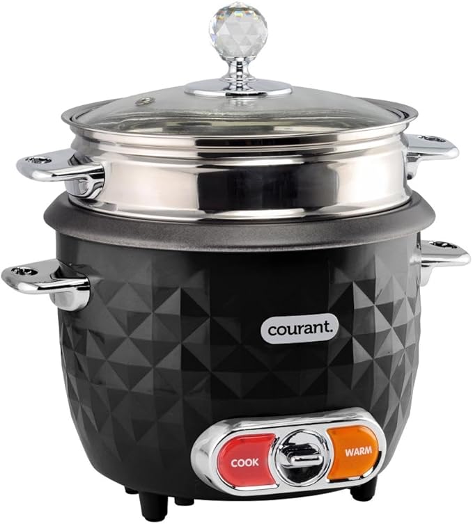 Courant 10-Cup (Cooked) / 5-Cup Uncooked Rice Cooker and Steamer with One-Touch Operation, Automatic Keep Warm Function, and Chrome Accents, Black