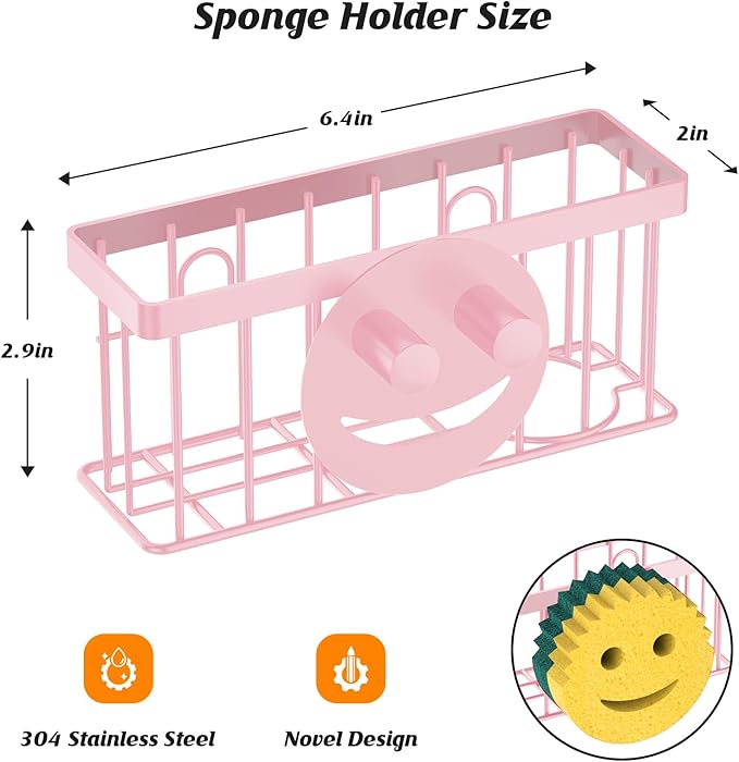 Sponge Holder Smiley Face,Sink Caddy,Sink Organizer with 2 Suction Cups/1 Adhesive Strips,Designed for Sponge,Soap,Dish Brush,Scrubber - Pink