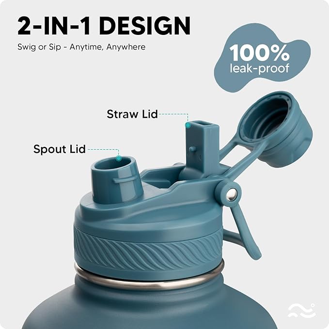 Swigina [2-IN-1 LID] 64 oz Insulated Water Bottle with Silicone Boot (48hrs Cold/24hrs Hot) - DIY Stickers, Leakproof, BPA Free, Half Gallon