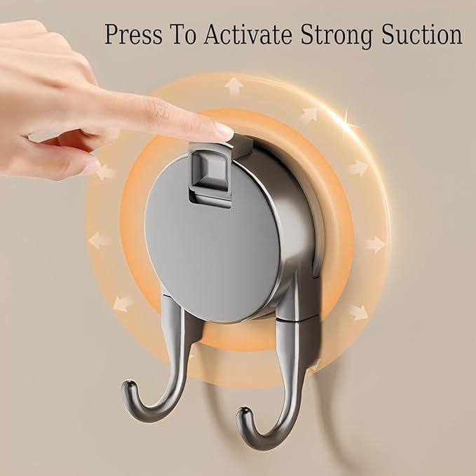 Heavy Duty Double Hook Suction Cup Hangers for Bathroom & Kitchen, 4 Pack Vacuum Wall Hooks, Strong Removable No Drill Suction Hangers for Glass, Tile, Shower, RV (Gray - 4 Pack)