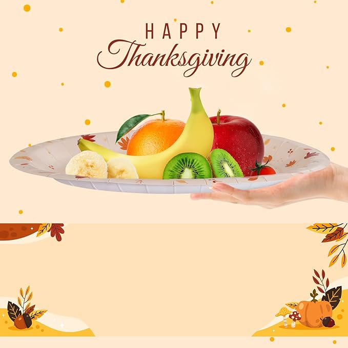 WDF 50Pack Thanksgiving Oval Plates Paper - 10" x 12" Happy Thanksgiving Plates Disposable Dinner Autumn Fall Harvest Party Supply - Turkey Thankful Pattern