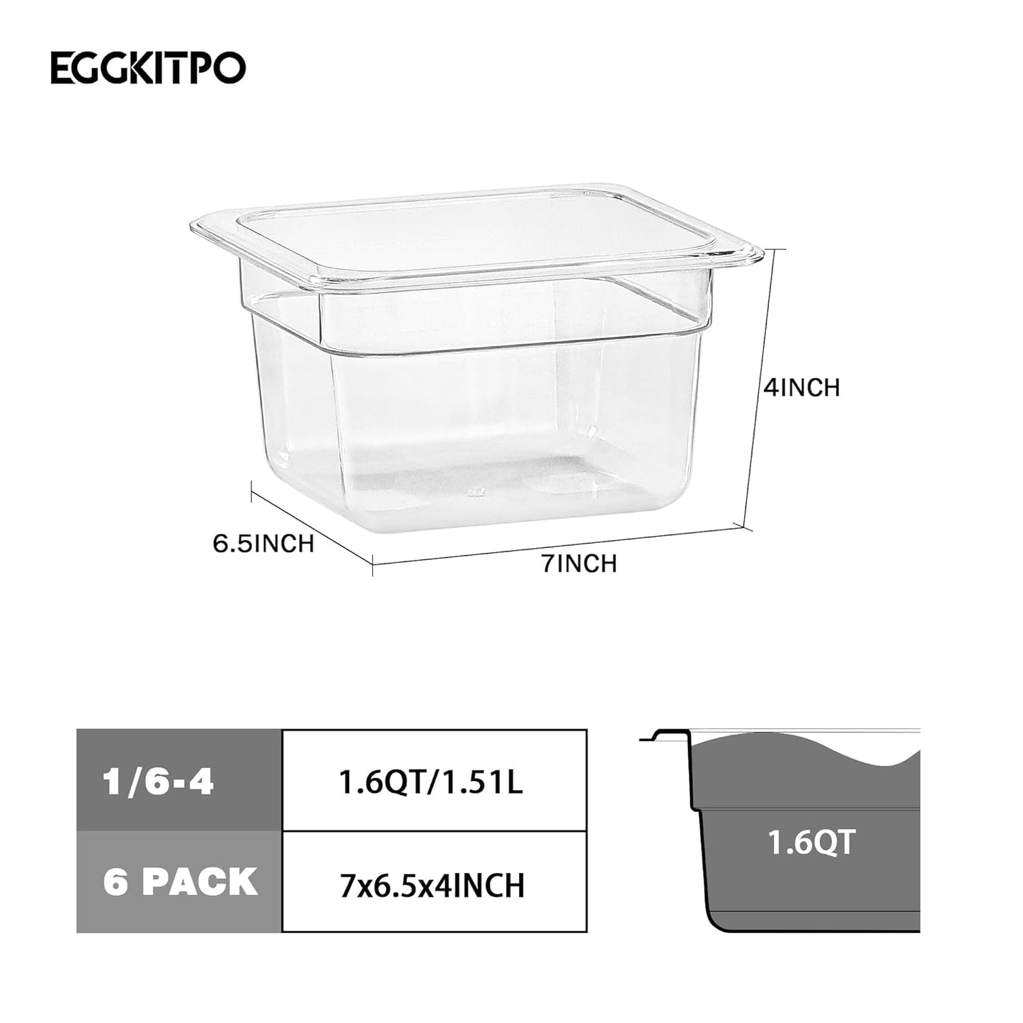 1/6 Size Food Pan 6 Packs 4 Inch Deep Clear Food Storage Containers BPA-free Polycarbonate Commercial Hotel Pan for Kitchen Business Use and Food Prep Freezer-safe