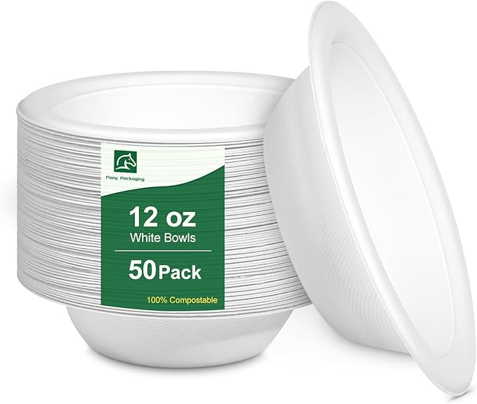 Paper Bowls 12oz, Disposable Bowls Heavy Duty, 50-Pack 100% Compostable Disposable Soup Bowl, Biodegradable Bagasse Paper Bowls Bulk for Party, Camping, Birthday, Festivals-White