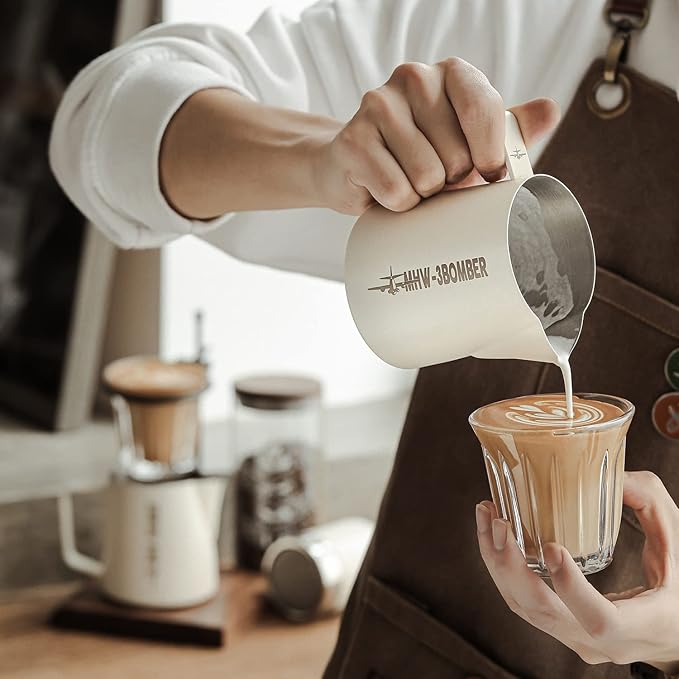 MHW-3BOMBER Latte Art Pitcher Stainless Steel Milk Frothing Pitcher Steamed Espresso Cup Barista Essentials (Cream White, 16.9oz/500ml) P5020W