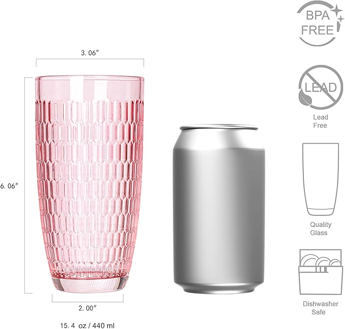 CREATIVELAND Highball Beverage Glasses Set of 6 Romantic PINK Colored Thick & Heavy Base Big Capacity 14.87oz|440ml, Drinking Glass Tumblers for Iced Tea, Water, Soda & Juice and Cocktails etc