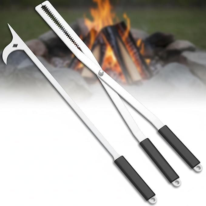 Heavy Duty Fire Tongs Firewood Grabber Tool with Scissor Shape Serrated for Campfire, Bonfire, Fire Pit Log Claw Tongs - Stainless Steel