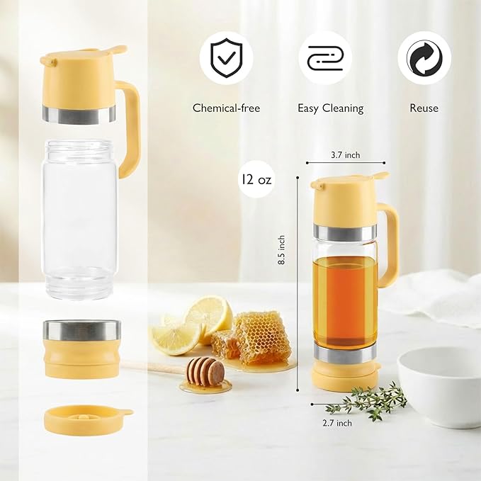 Aelga Honey Dispenser, Honey Dispenser No Drip 12 oz Glass Honey Jar with Handle, Easy Pour Syrup Dispenser for Coffee Bar, Tea & Kitchen Accessories (Yellow)