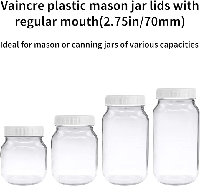 Vaincre White Mason Jar Lids - 8PCS Plastic Mason Lids Regular Mouth, Leak Proof Canning Covers with Silicone Rings for Ball, Kerr and More, Reusable Can Tops Caps Covers for Jars Accessories