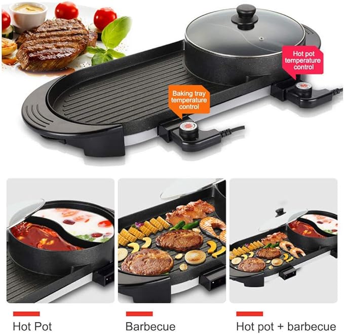 SEAAN Hot Pot with Grill, Korean BBQ Grill Indoor Hotpot Pot Electric Combo, Shabu Shabu Pot with Divider KBBQ Grill Smokeless Non-stick Separate Dual Temperature Control, for 2-12 People, 110V