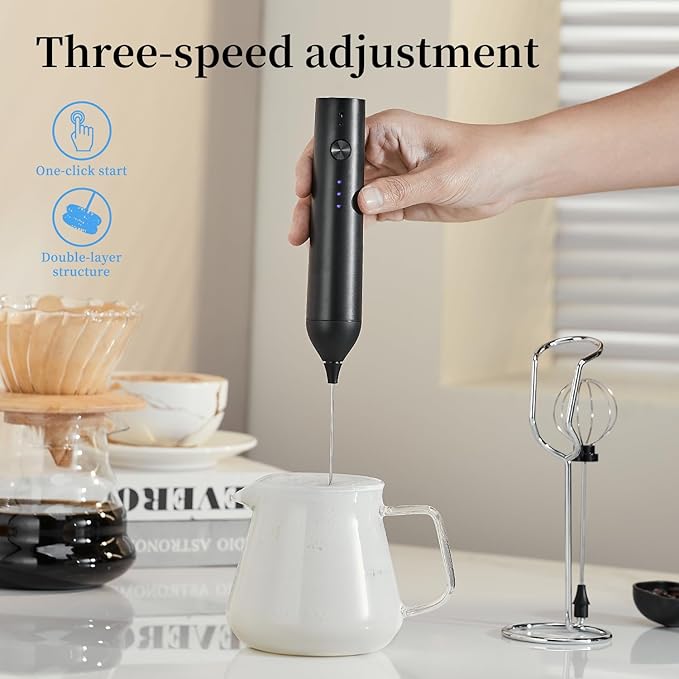Rechargeable Milk Frother Set by ELMWAY, Electric Drink Blender with Wand and Egg Whisk, Foam Maker Mixer, Milk Frother Handled for Coffee, Latte, Matcha, Protein Powder (Black with Stand)