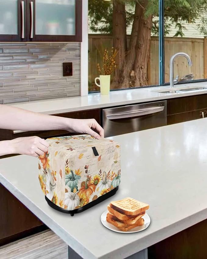 Green Orange Pumpkins Fall Toaster Cover 2 Slice, Thanksgiving Sunflower Dustproof Bakeware Oven Protector with Top Hook, Vintage Waterproof Small Kitchen Appliance Toasters Dust Cover, 12"x7.5"x8"
