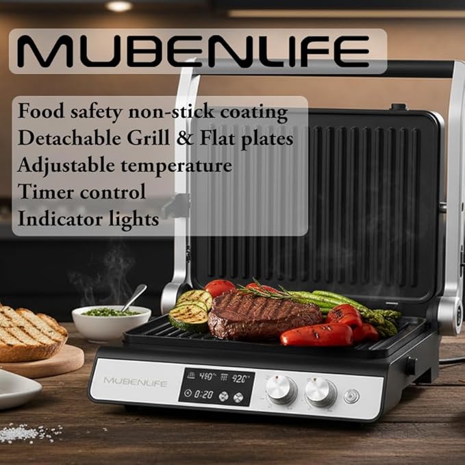 Panini Press,4 Slices Contact Grill with Removable Non-Stick Coated Grill and Flat Plates,Panini Makers with Temperature Control and Timer,Open 180 Degrees,Grill and Griddle (Silver with digital)